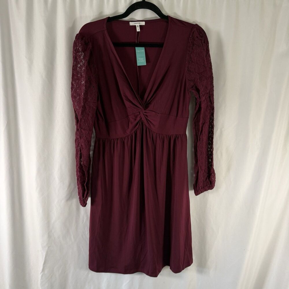 New Maurices Mini Dress Women's Small Burgundy Long Sleeve Lace V-Neck Short